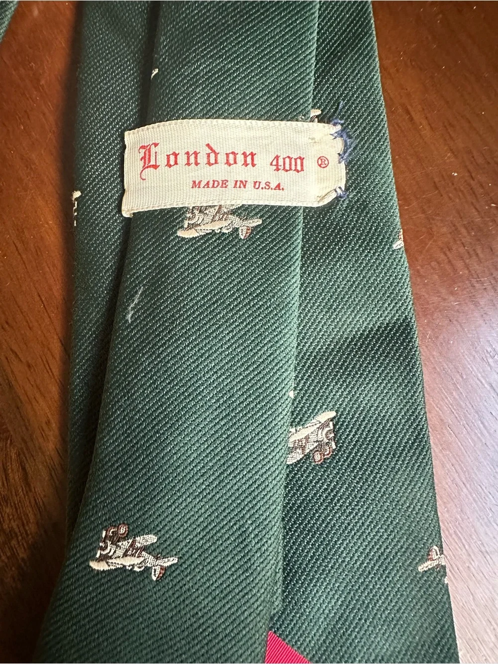 Vintage London 400 Hunter Green Tie with Prop Plane‎ Motif Made in USA